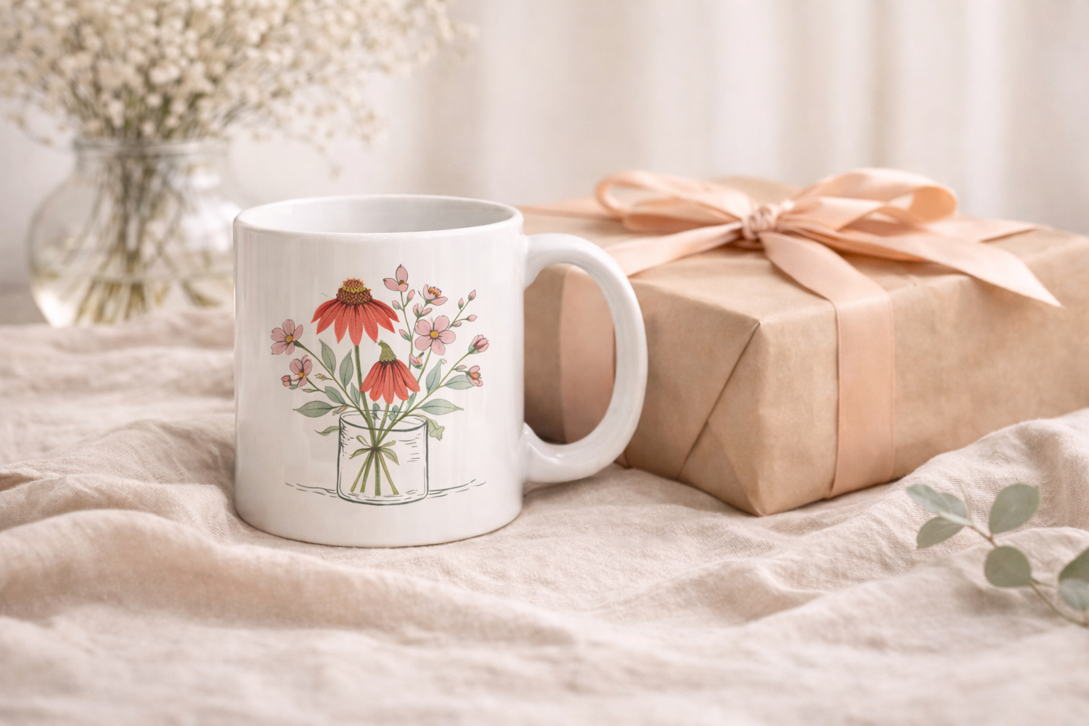 Vintage watercolor floral mug wrap inspiration with colorful flowers and quote-ready composition