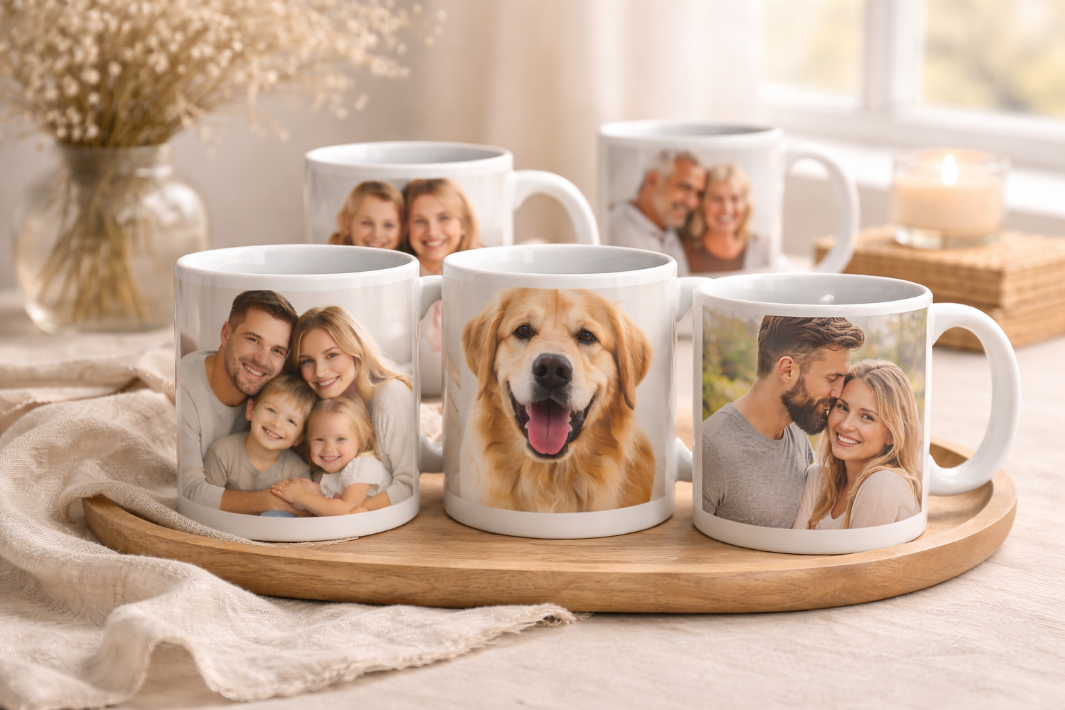 Pet photo mug with dog portrait on a white ceramic mug