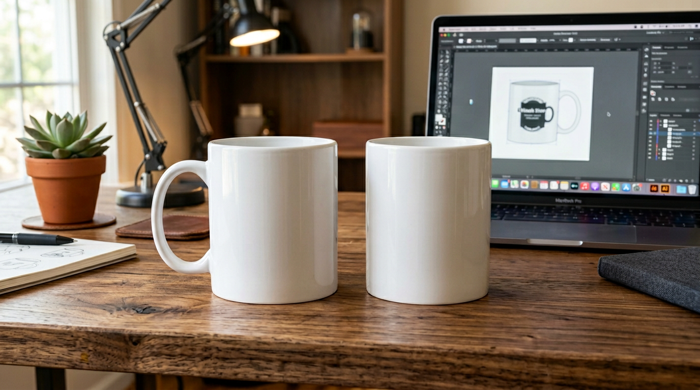 White coffee mug mockup showing front and back views on a desk
