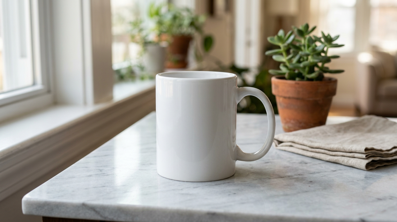 White ceramic coffee mug mockup on marble surface with soft natural lighting and a plant in the background