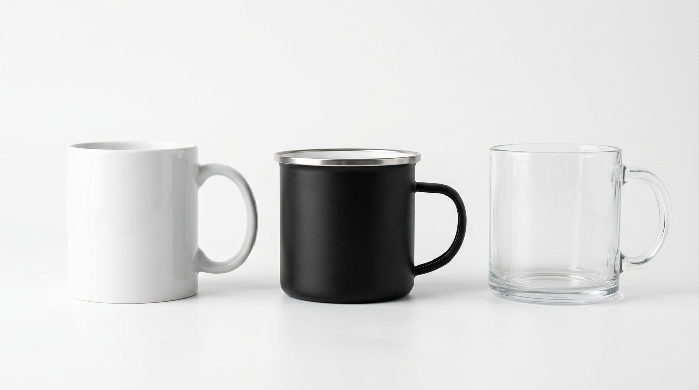 Three mug types side by side: white ceramic mug, matte enamel mug, and clear glass mug